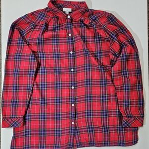 J. Jill Button Down Tunic Shirt Womens Size Large Red Blue Plaid Classic Flannel
